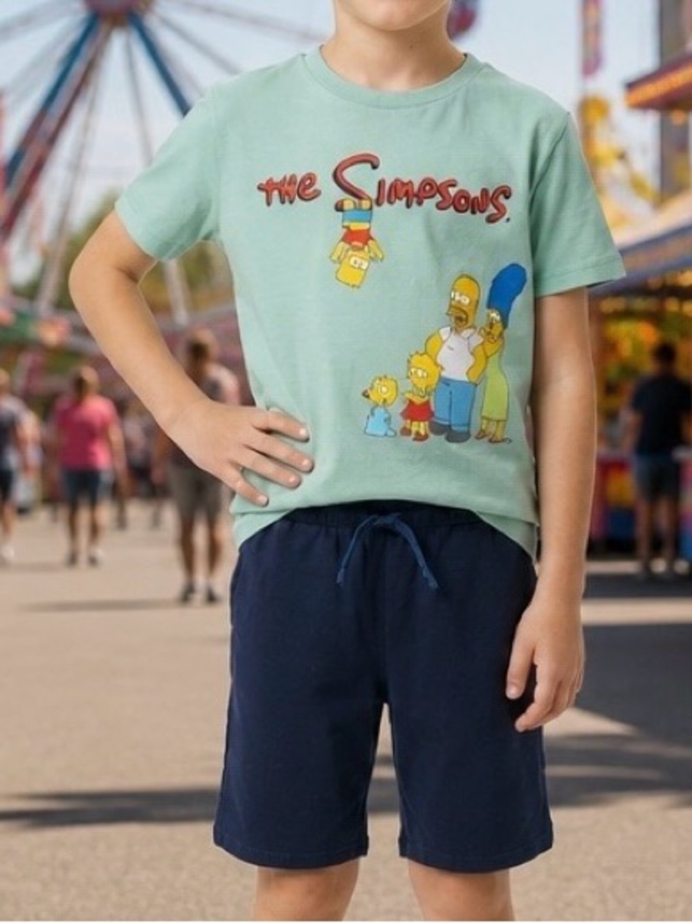 Boys Mint Green Simpsons Graphic Tee & Navy Shorts Matching Set